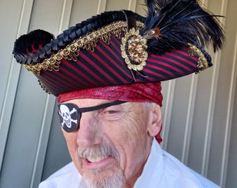 Fancy Pirate tricorne hat Pirate King/Queen red and black stripes, feathers and jewels size M