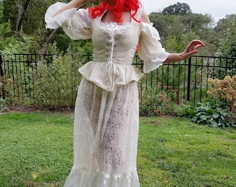Vestido romántico de encaje estilo cottagecore y corpiño ajustado, disfraz de novia de fantasía sexy estilo Ren Faire, vestido de princesa del siglo XVII y XVIII