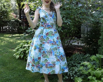 Vestido de verano con estampado hawaiano Rockabilly de los años 50, reproducción vintage de White Lotus, falda completa, vestido de fiesta Luaau, talla S
