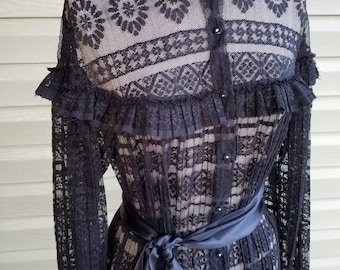 Black long sleeve lace gown neo Victorian Dark Academia button front see thru