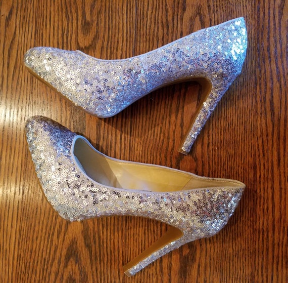 Silver sequin stilettos sexy sparkle platform pumps h… - Gem