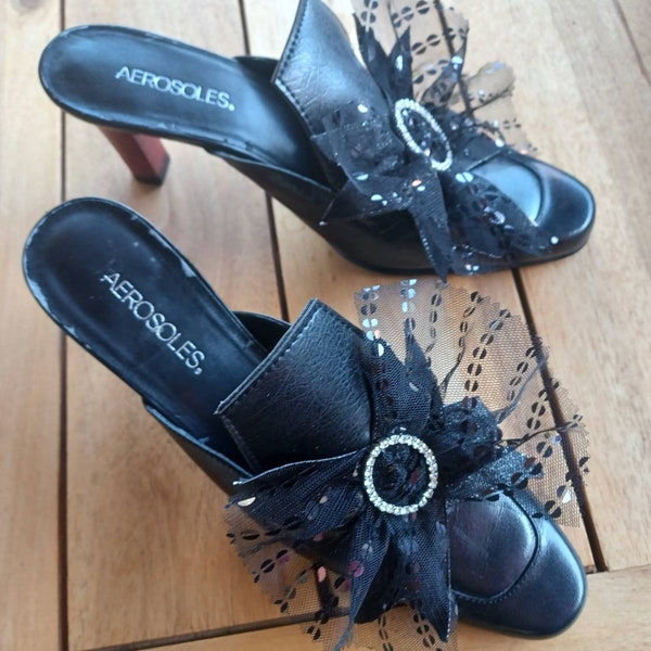 18th Century costume shoes slides black embellished mules rhinestone buckle Marie Antoinette shoes size 9