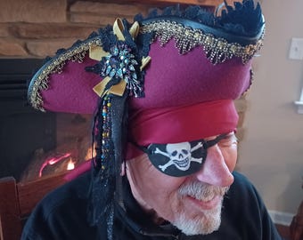 Pirate hat fancy tricorne maroon gold and black trim black feather unisex size S/M