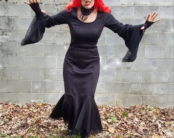 Sexy Gothic vampire queen witch costume bodycon black dress fit and flare dress black lace trim mermaid hem party evil queen size M