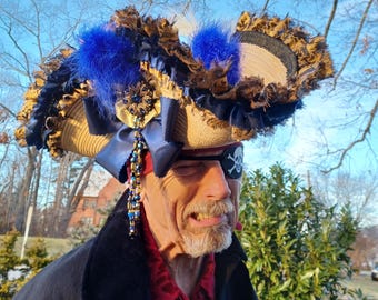Sombrero pirata elegante, sombrero de disfraz de pirata tricornio azul y dorado, talla grande unisex