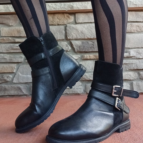 Black leather ankle boots low heel rubber lug sole suede leather straps and silver buckles size 8.5