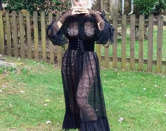 Sexy see through black lace vampire witch dress Victorian Gothic Interview vampire bride velvet waist cincher neck choker romantic Steampunk