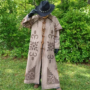 Ladies duster coat with cape Wild West Lady Gunfighter Cowgirl leather fringes, vintage textile OOAK cowboy couture size M