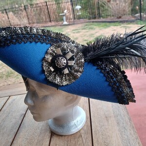 Royal Blue Pirate King or Queen Tricorn Hat Fancy Black and Silver
