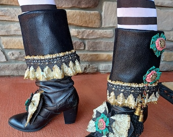 Botas de pirata para dama, disfraz de Gasparilla, mosquetero, caballero, cuero negro, ribete de borlas de lamé dorado, talla 9