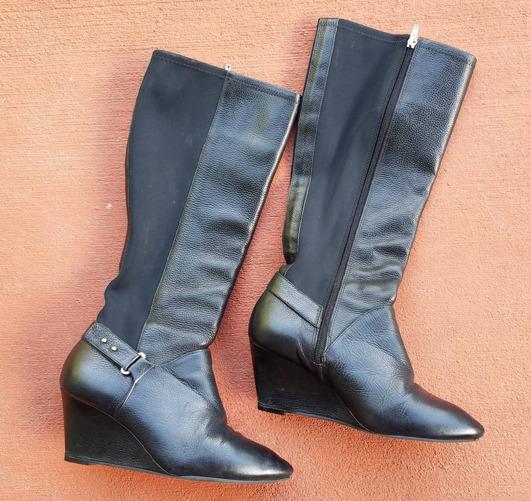 Black Leather Dress Boots Wedge Heel Sexy Ultra mod Futuristic Sleek Superhero Knee Hi Boots Size 9.5 Etsy UK