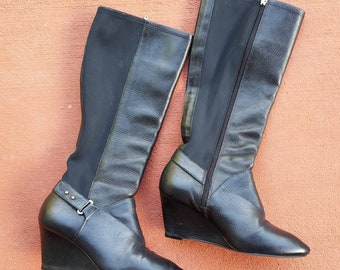 Botas de vestir de cuero negro con tacón de cuña, sexys, ultramodernas, futuristas, elegantes, de superhéroe, hasta la rodilla, talla 9.5