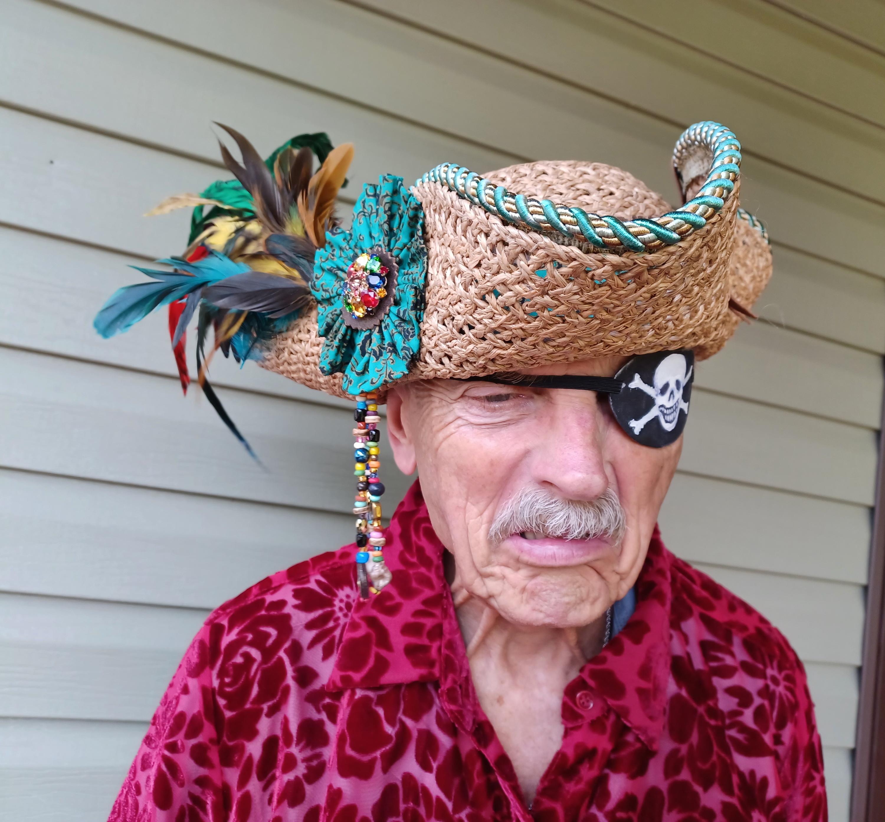 Fancy Summer Pirate Tricorne Hat Tan Woven Straw Feathers Bright