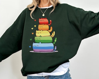 Rainbow Sweatshirt, Pride Cat Crewneck, LGBTQ Cat Sweater, Cute Cat Lover Sweatshirt, Gay Pride Sweater