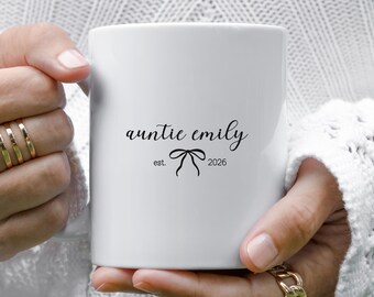 Personalized Aunt Mug, Auntie Est Mug, Custom Name Mug, Coquette Bow Mug, Minimalist Mug, Gift For Aunt, New Aunt Gift