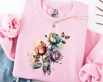 Watercolored Roses Crewneck Sweatshirt, Floral Print Jumper, Botanical Pullover, Garden Theme Sweatshirt, Spring Flower Sweater