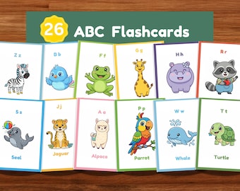 ABC Karteikarten für Kleinkinder - A bis Z Tieralphabetkarten, Montessori druckbare Lern-PDF