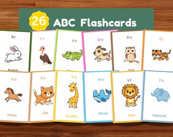26 ABC Animal Flashcards, Montessori Alphabet Learning for Kids, Toddler and Preschool Educational Cards, Digital Download