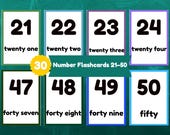 Number Flashcards 21–50 Printable, Learn Numbers 21 to 50, Preschool Counting Flash Cards, Toddler Math Learning Activity