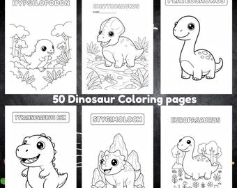 50 Dinosaur Coloring Pages with Names, Dinosaur Species Coloring Book for Kids, Preschool Dino Coloring Sheets, Printable Instant Download