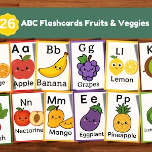 Alfabetskort för småbarn, frukt och grönsaker ABC-inlärningskort, utskrivbara Montessori-förskola, digital nedladdning
