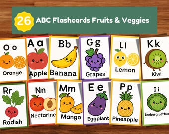 Alphabet Flashcards for Toddlers, Fruits & Veggies ABC Learning Cards, Montessori Preschool Printable, Digital Download