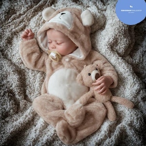 May include: A sleeping baby wearing a tan bear costume with a hood and attached ears. The baby is holding a small teddy bear and has a pacifier in its mouth. The baby is lying on a textured, light-colored blanket.