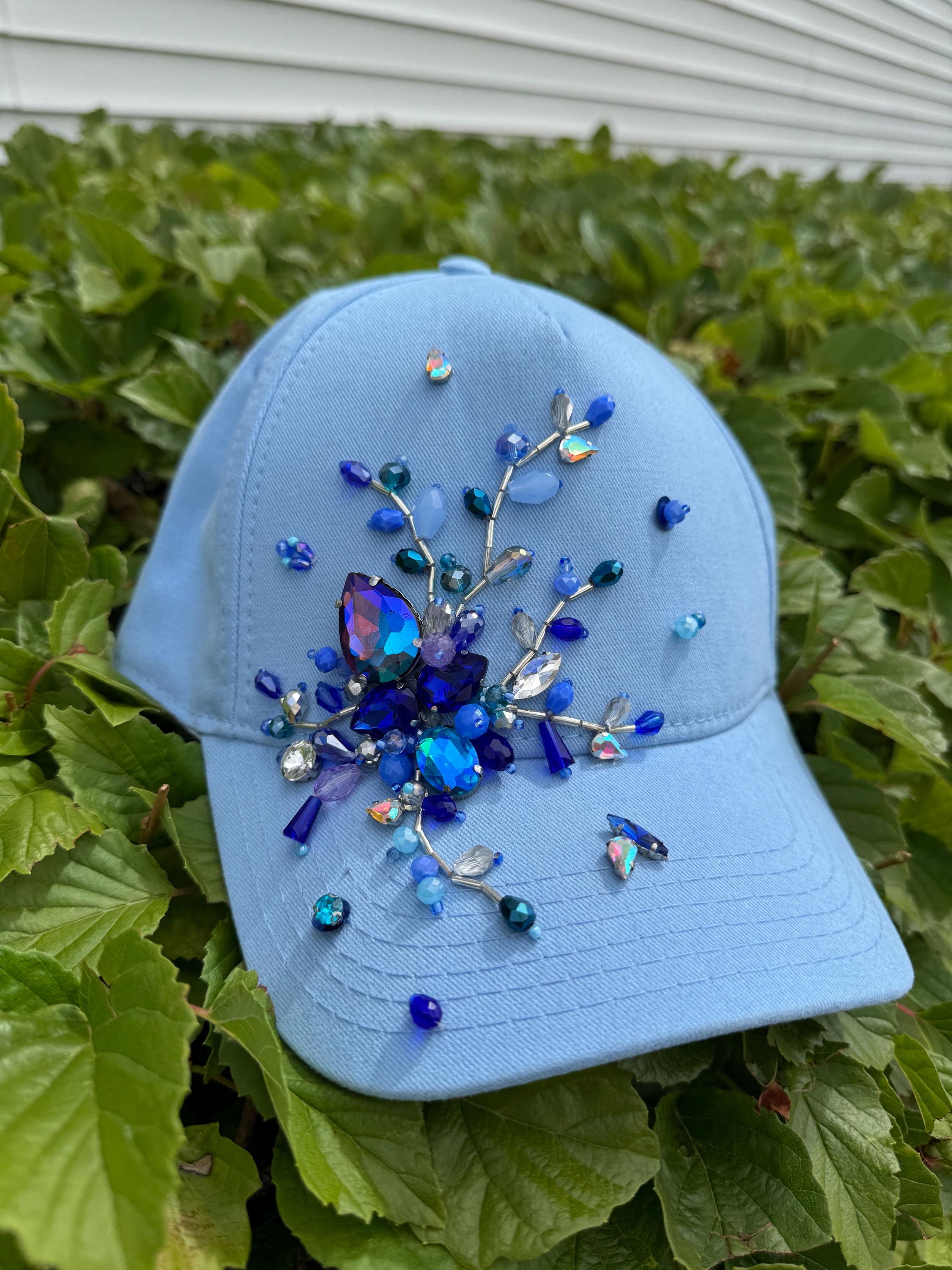 Handmade Blue Baseball Cap With Crystals and Beads - Etsy display picture 2