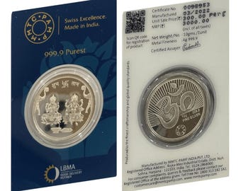May include: Two 10g silver coins in protective packaging. The left coin features deities and the text 999.9 Purest. The right coin displays an Om symbol, 10g 999.9 Fine Silver, and a certificate with details including 03/2022 and 3000.00 MRP.