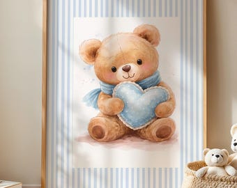 Teddy Bear Nursery Art Print, Baby Blue Heart, Kids Room Decor (Digital Download) E2