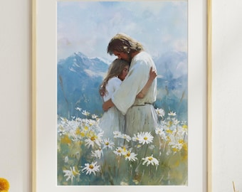 Jesus Embracing Child Print, Christian Wall Art, Daisy Meadow Painting, Instant Digital Download