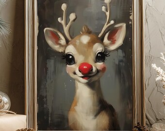 Whimsical Rudolph Reindeer Print, Neutral Christmas Nursery Decor (Digital Download)
