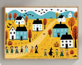 Lámina infantil de Halloween: Arte de pueblo para pedir dulces (descarga digital)