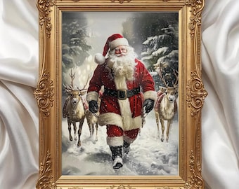 Santa Claus Reindeer Winter Wonderland Print, Vintage Christmas Wall Art (Digital Download)