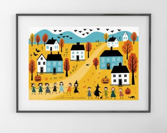 Halloween Village Art Print: Folk Town with Pumpkins & Bats (Digital Download)