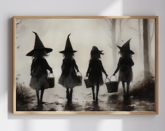 Little Witches Halloween Art Print, Vintage Spooky Wall Decor, Foggy Forest Illustration, Trick or Treat Poster, Digital Download