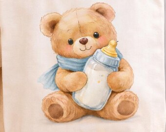 Teddy Bear Baby Bottle Clipart: Watercolor Newborn Nursery Art (Digital Download)
