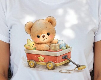 Watercolor Teddy Bear Wagon Clipart: Baby Shower, Nursery Art (PNG Download)