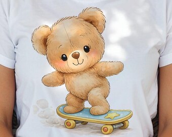 Watercolor Teddy Bear Skateboarding Clipart (Digital Download)