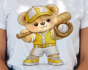 Watercolor Bear Baseball Player Clipart (Digital Download)