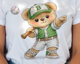 Baseball Teddy Bear Clipart PNG: Green Uniform, Watercolor Style (Digital Download)