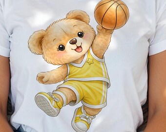 Jumping Teddy Bear Basketball Clipart: Watercolor Sports Nursery Art (PNG Download)