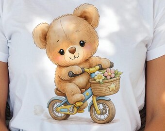 Watercolor Teddy Bear Riding Bike Clipart (Digital Download)