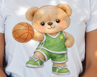 Bear Clipart PNG: Watercolor Teddy Bear Basketball Illustration (Digital Download)