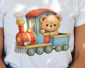 Watercolor Teddy Bear Train Clipart: Nursery, Baby Shower, Scrapbook PNG (Digital Download)