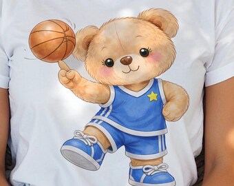 Bear Basketball Player Clipart: Watercolor Teddy Illustration for Nursery Wall Art (Digital Download)