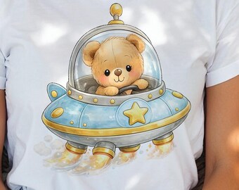 Watercolor Teddy Spaceship Clipart: Nursery Wall Art, Baby Shower Invitation Graphic (Digital Download)