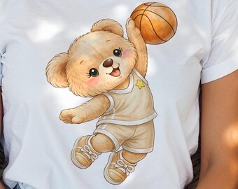 Basketball Teddy Bear Clipart: Watercolor Dunking Bear Illustration (Digital Download)