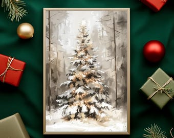 Minimal Snowy Christmas Tree Wall Art Neutral Winter Forest Holiday Illustration (Digital Download) O21