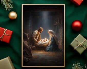 Holy Nativity Birth Scene Wall Art Sacred Christmas Manger Family Illustration (Digital Download) O21